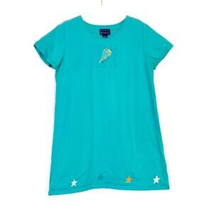 Blue J. Teal Blue Cotton Dress Seashell Casual Beach Vintage Short Sleeve Large